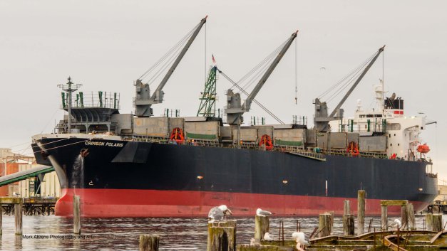 Trans-Pacific International Commerce resumes at shipping docks in Fairhaven, CA.   Crimson Polaris, Panamanian Registry.